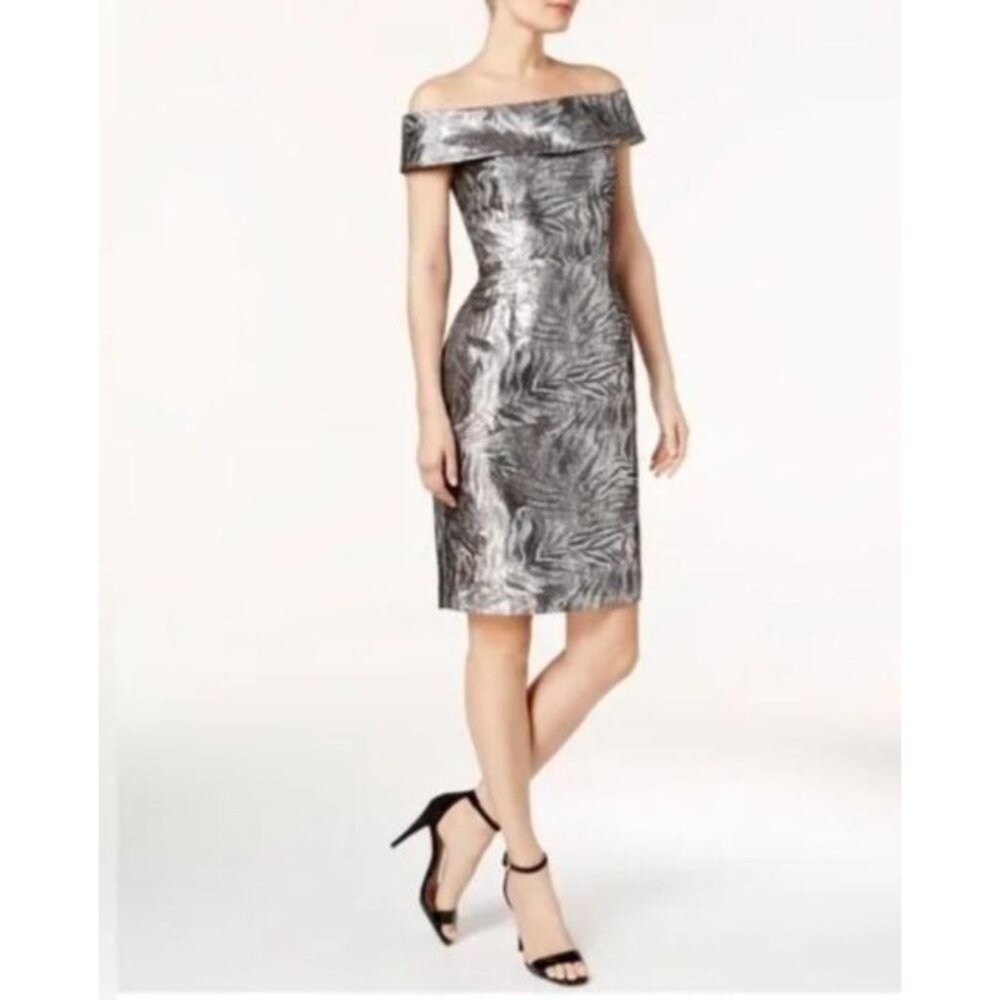 Calvin Klein Sheath Dress 12 Metallic SIlver Gold Wedding Party Cruise